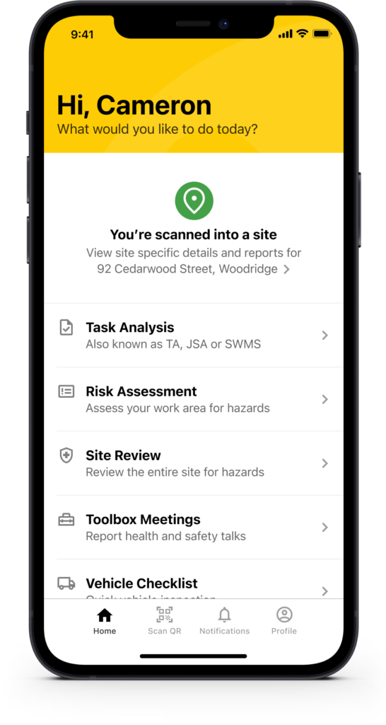 Home screen after successfully scanning onto a worksite