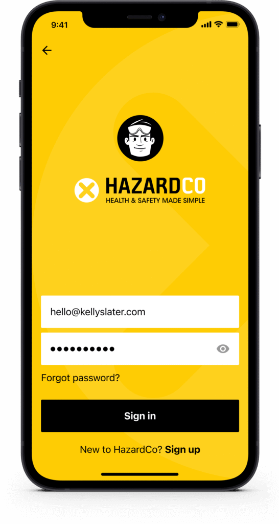 Email and password login screen for the HazardCo app