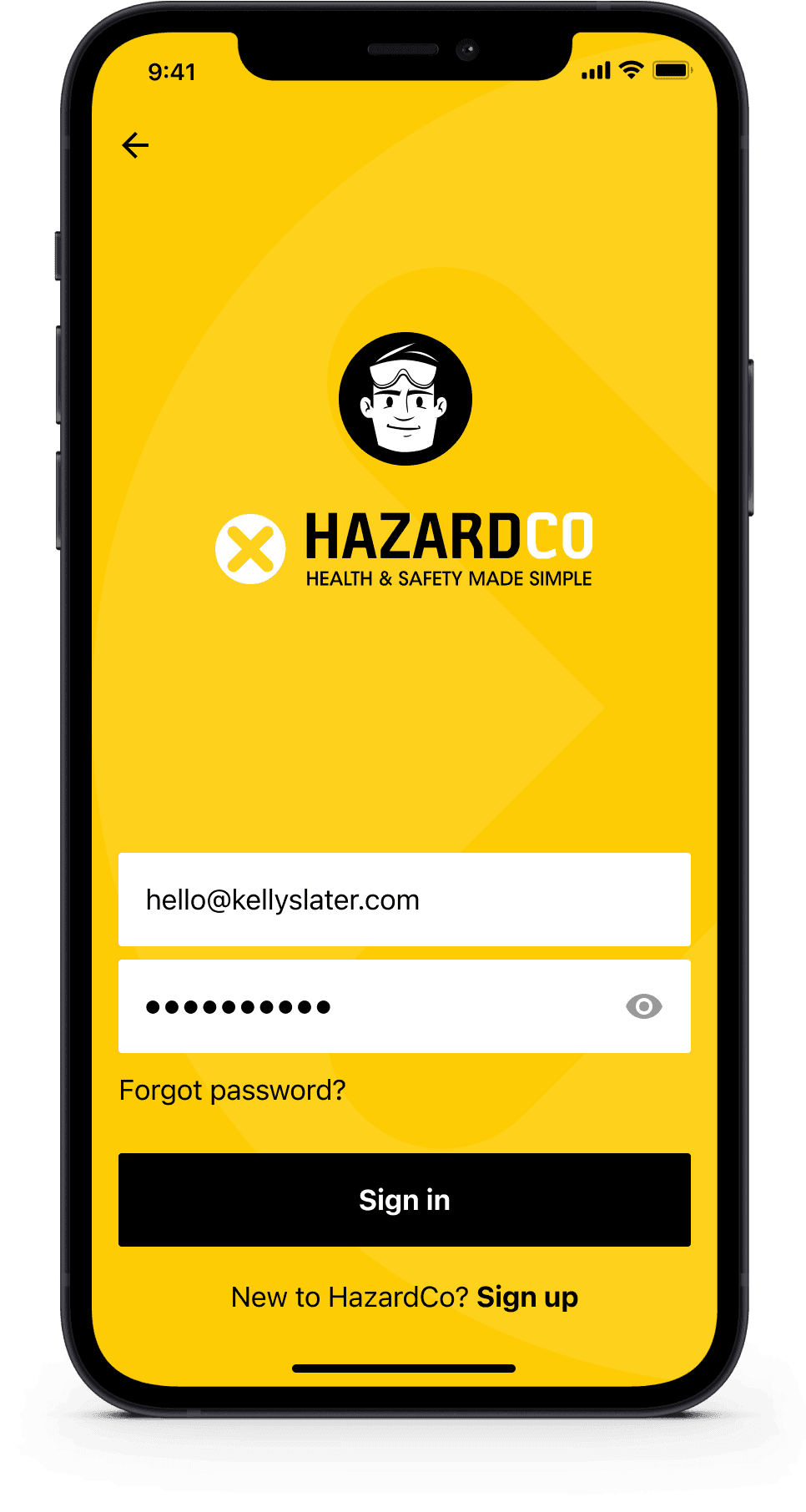 Mobile app login screen for the HazardCo worksite health and safety app featuring email and password input fields on a yellow background.
