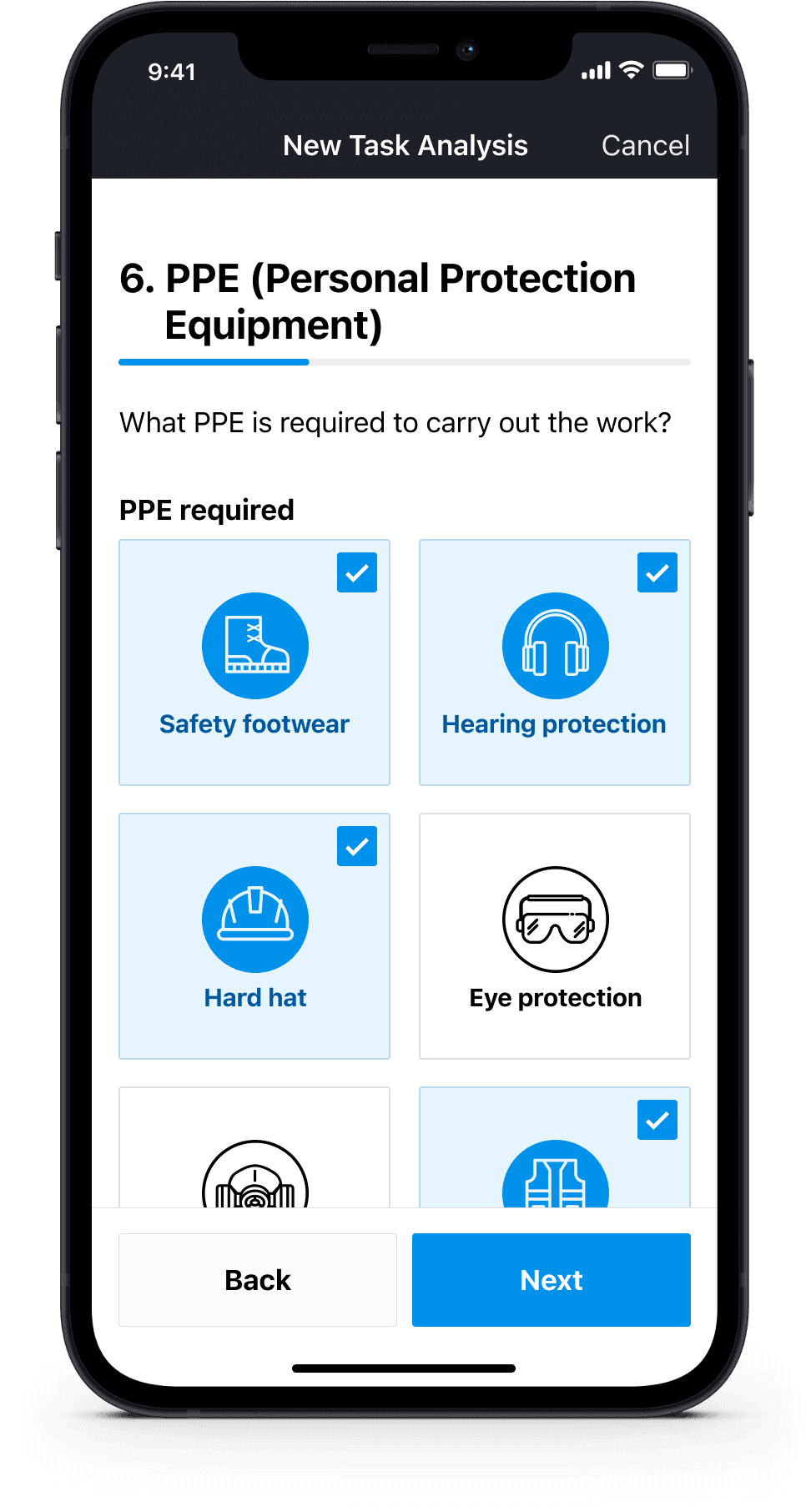 Task analysis interface displaying selectable Personal Protective Equipment icon choices.
