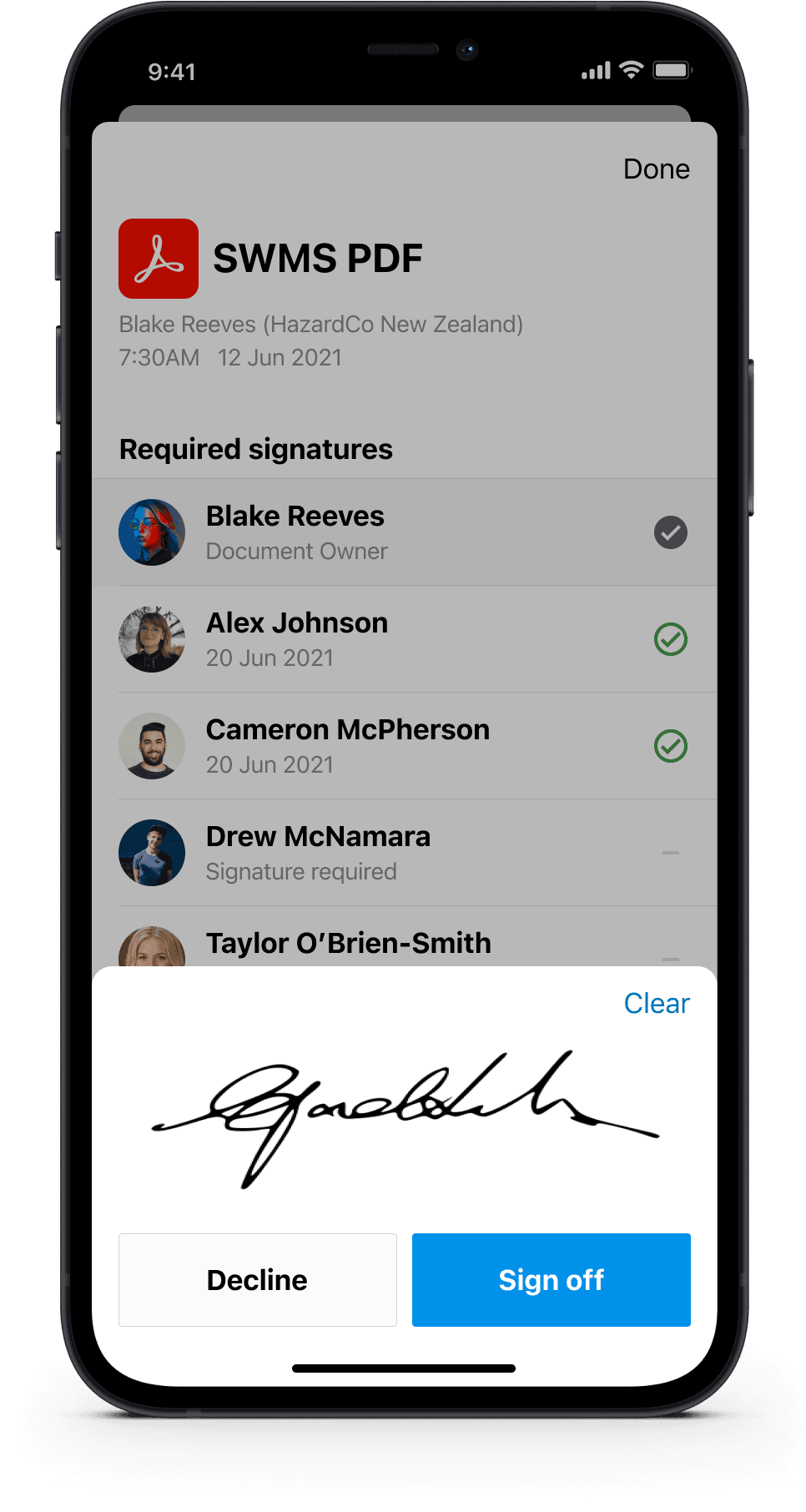 Digital signature popup modal overlaid on a document review screen for on-device sign-off.