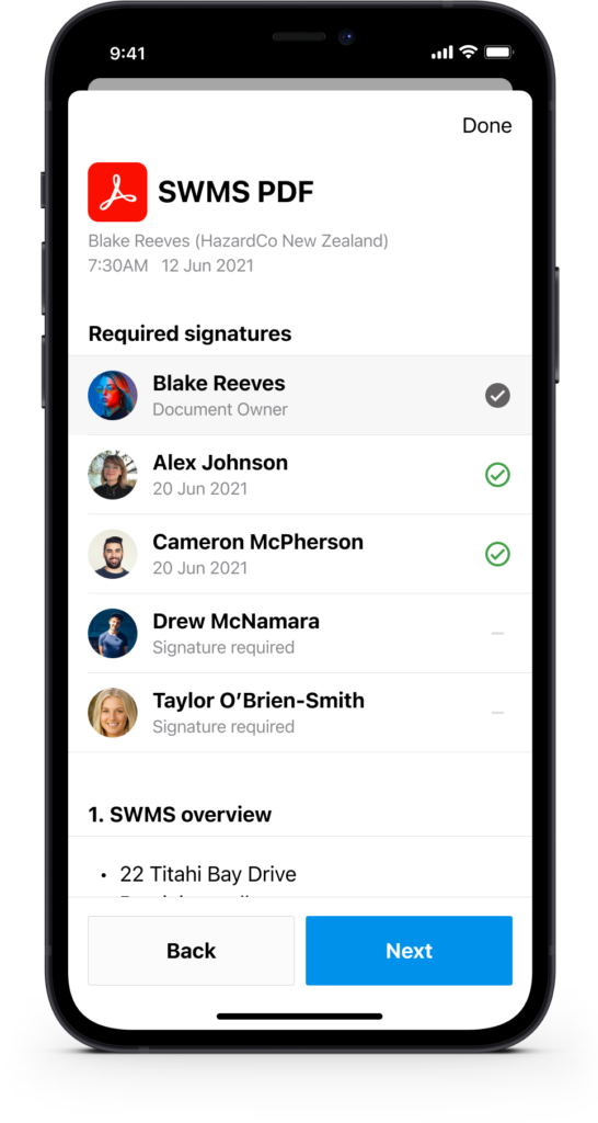 Signature confirmation screen after signing off a report