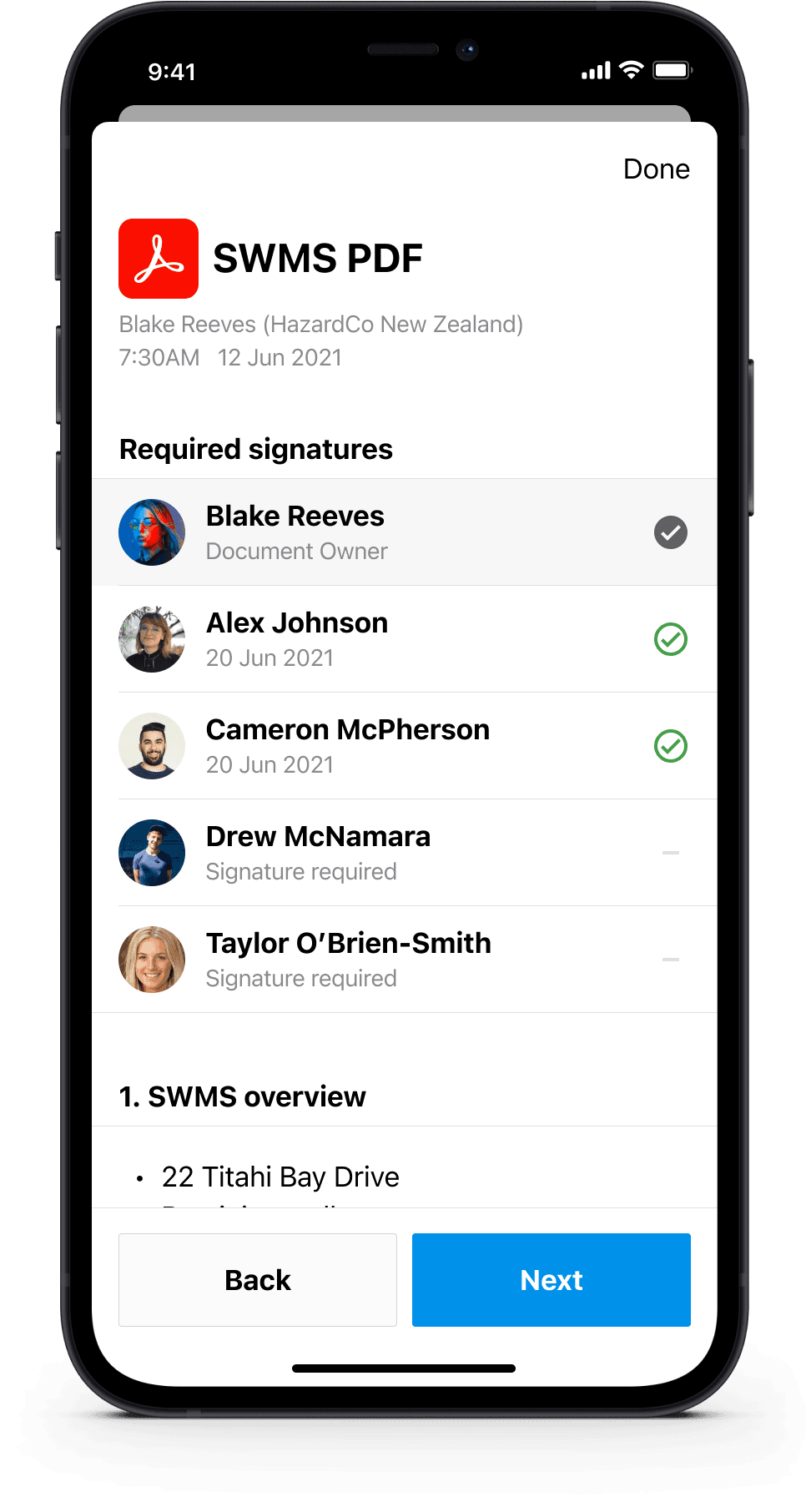 SWMS document review screen listing required worker signatures and approval status.