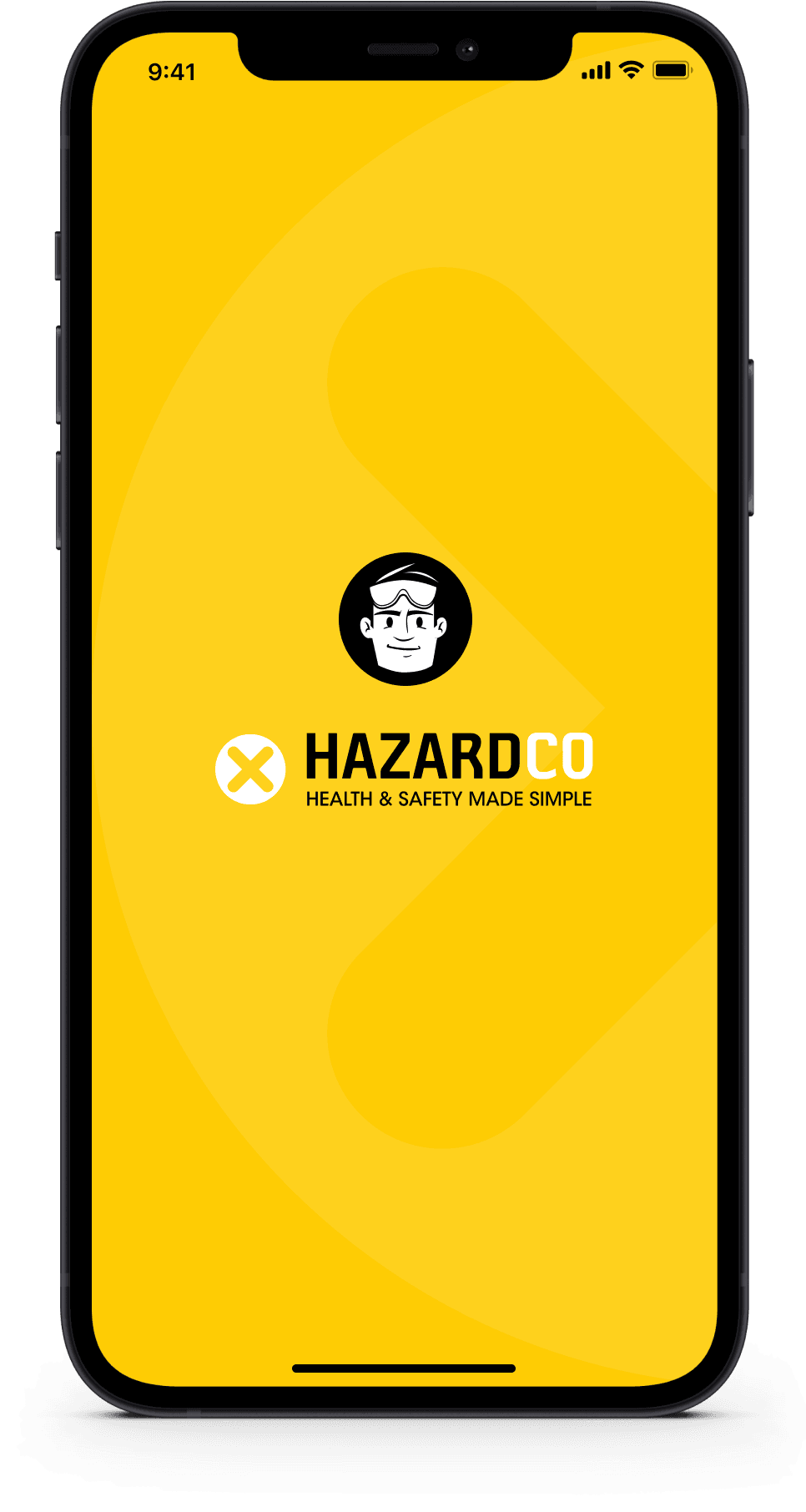 HazardCo worksite health and safety app yellow splash screen displaying brand logo and slogan.