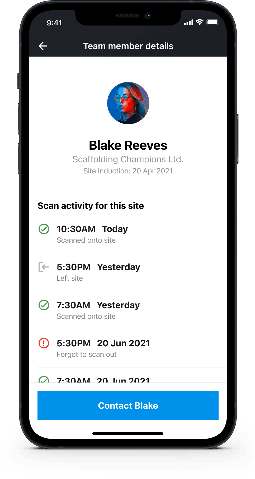 HazardCo worksite health and safety app view showing a worker profile with detailed site scan-in and scan-out timestamp logs.
