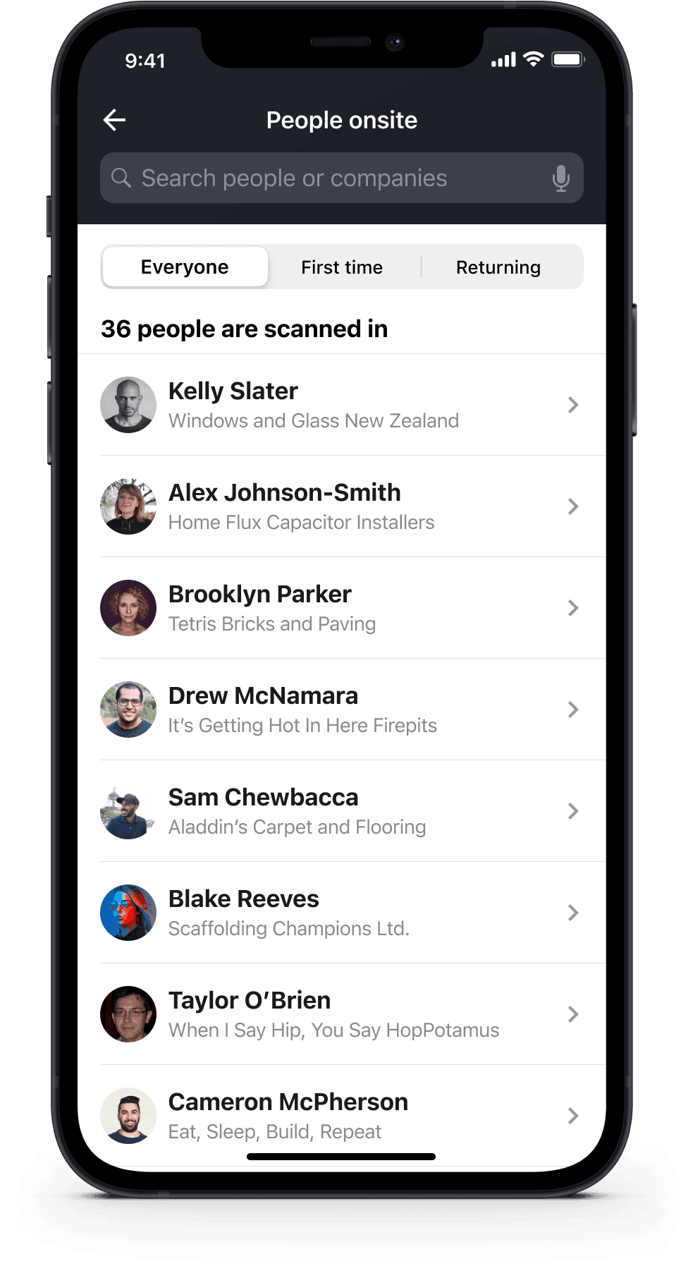 Mobile interface of the HazardCo worksite health and safety app showing a list of workers and contractors currently scanned into a worksite.