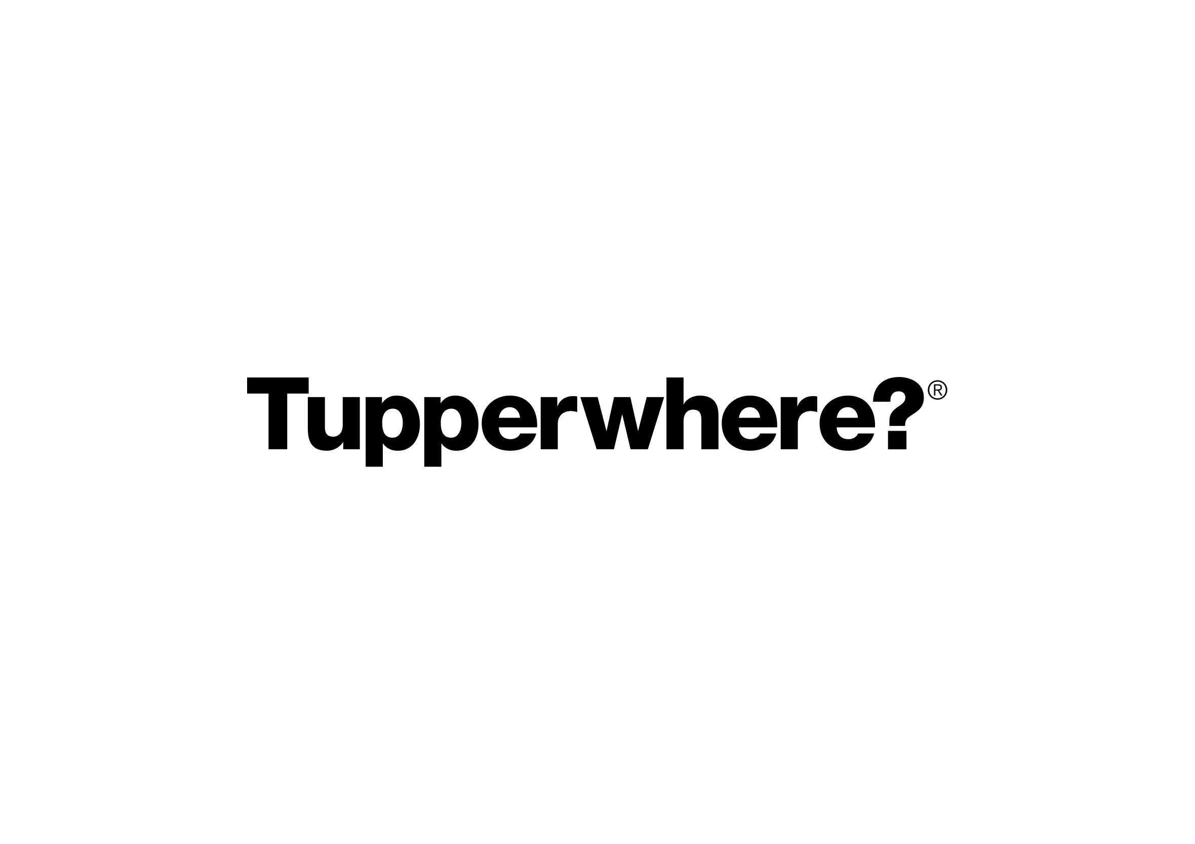 Playful wordmark logo featuring the text tupperwhere with a question mark and registered trademark symbol set against a clean white background, highlighting clever typographic brand identity.