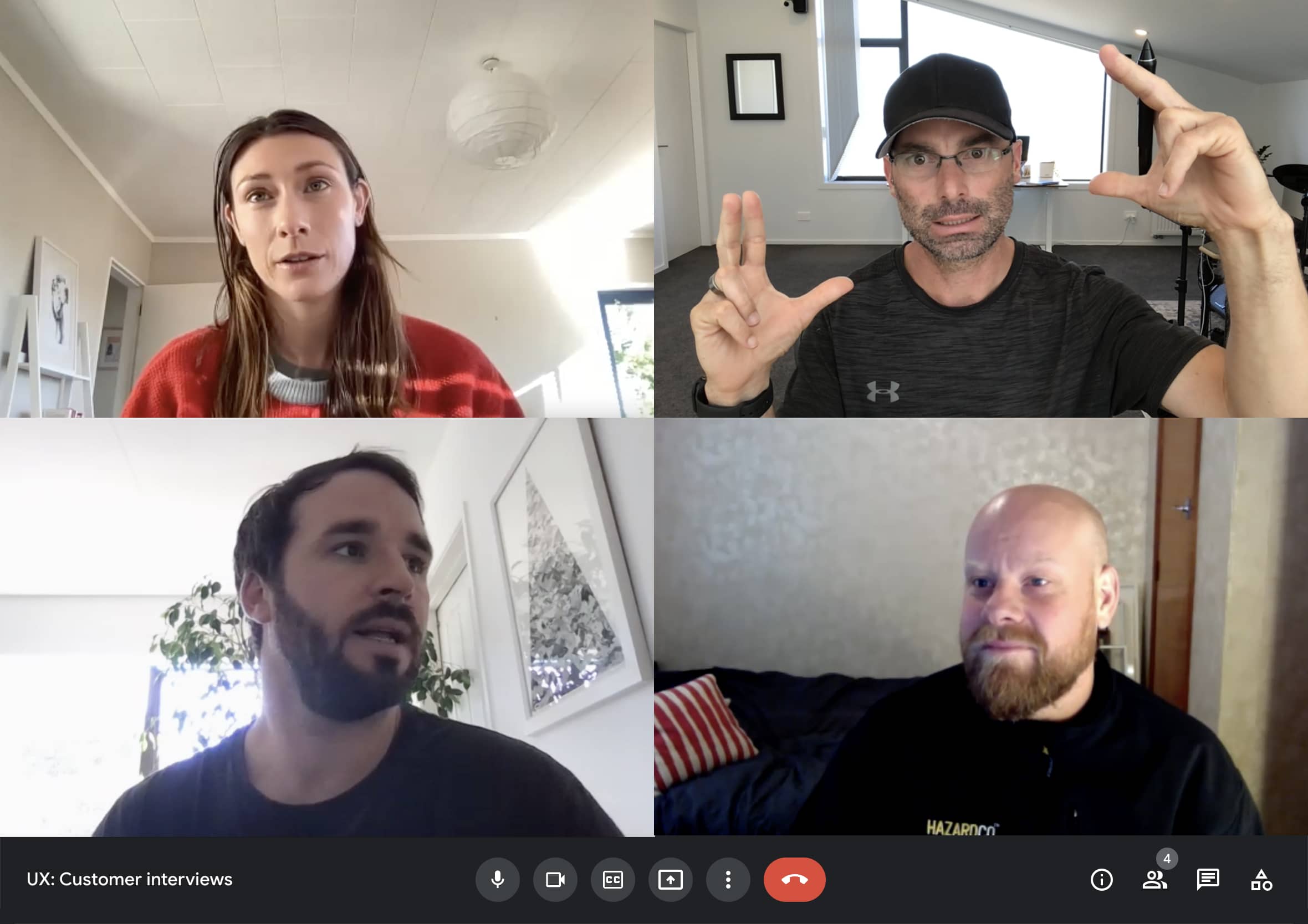 Four-panel user research session for the HazardCo app