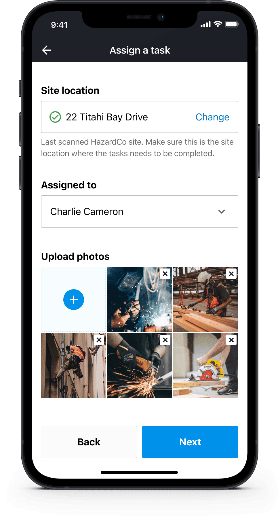 HazardCo worksite health and safety app interface for assigning a worksite safety task, selecting an assignee, and uploading job photos.
