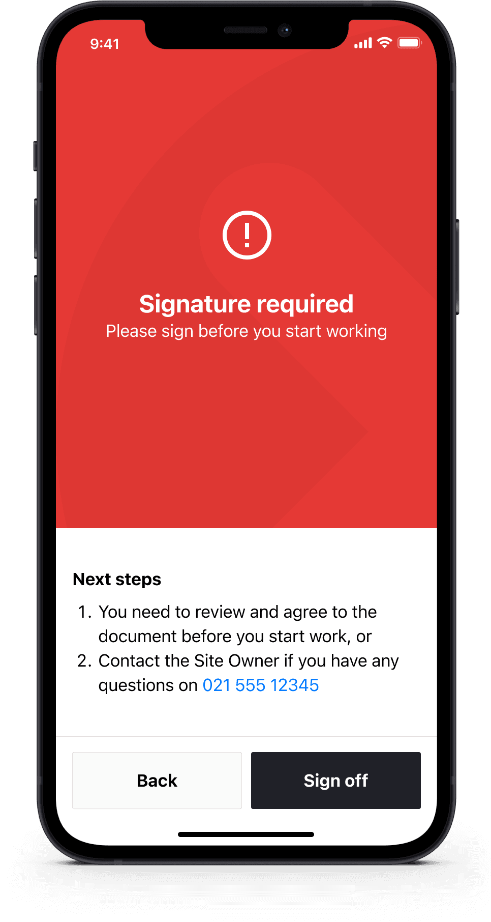 Red warning screen indicating a mandatory document signature is required before commencing work.