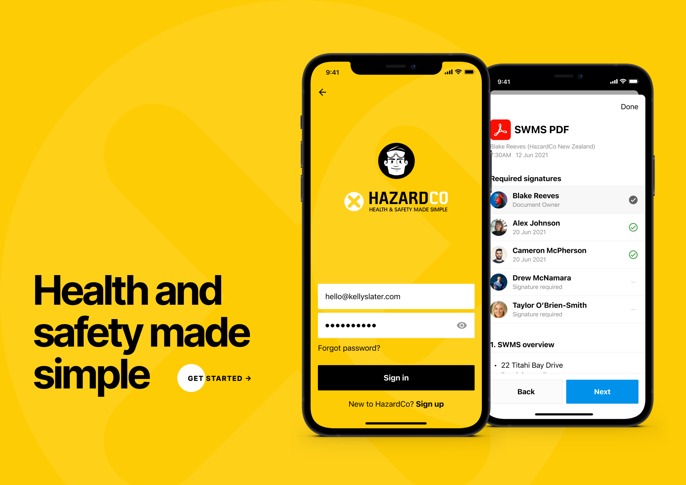 Promotional graphic introducing the HazardCo worksite app