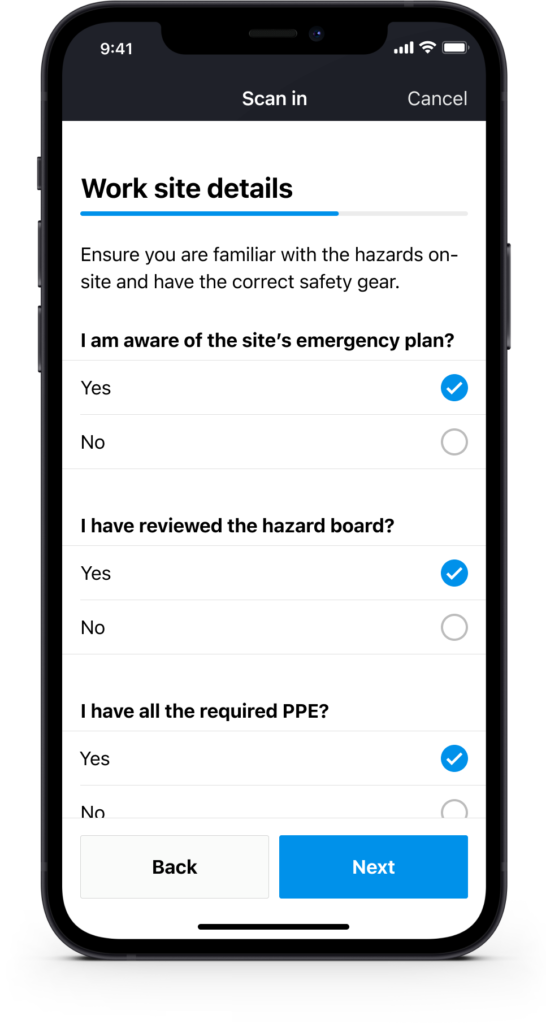 COVID-19 screening questions shown during site scan-in