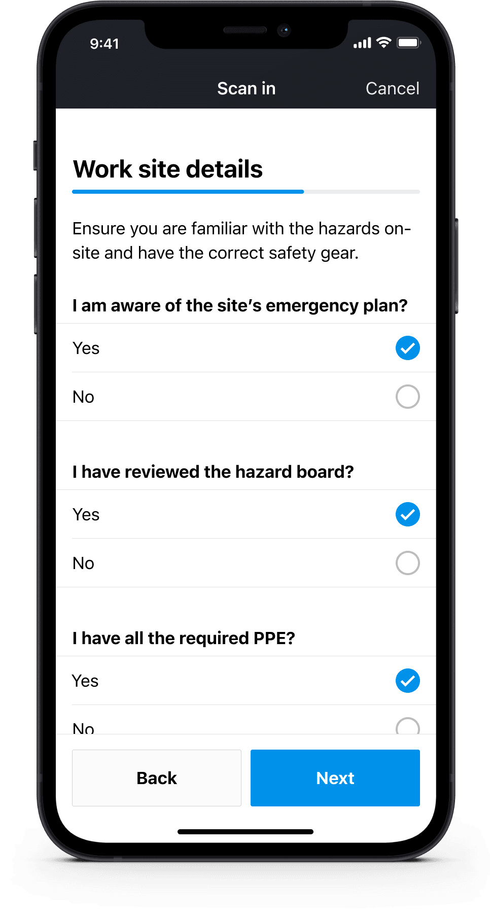 Mobile screen displaying site induction safety checklist questions during check-in.