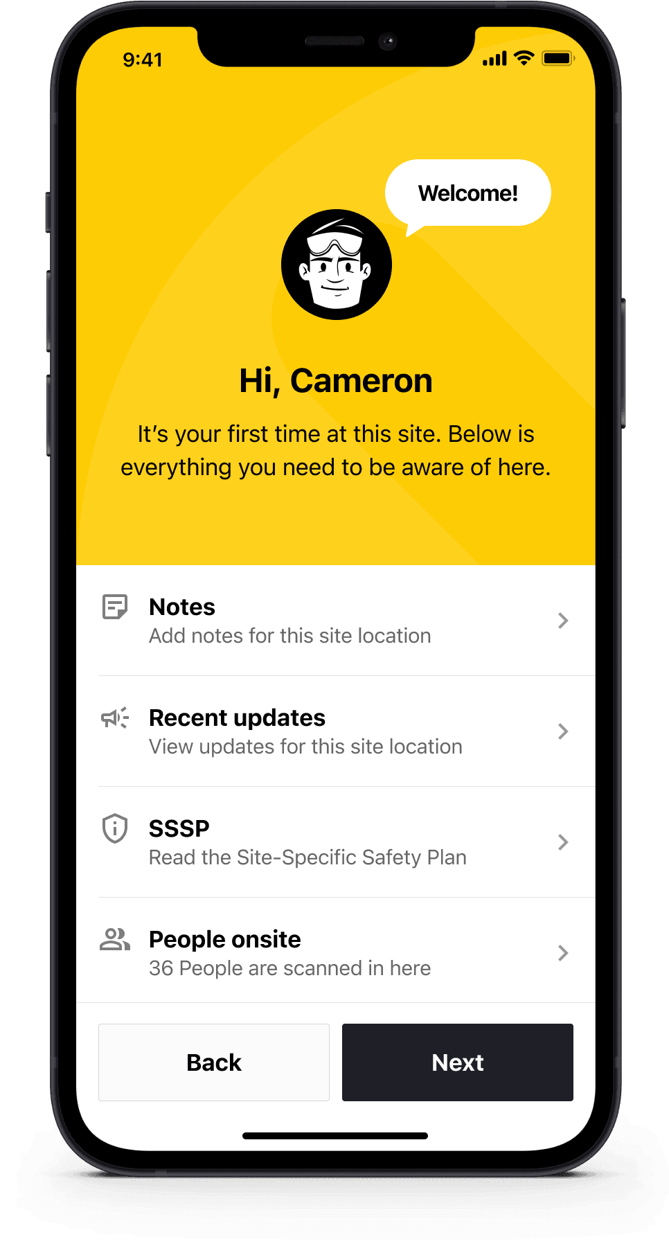 Welcome screen for a first-time site visitor using the HazardCo worksite health and safety app listing site notes, updates, SSSP, and people onsite.