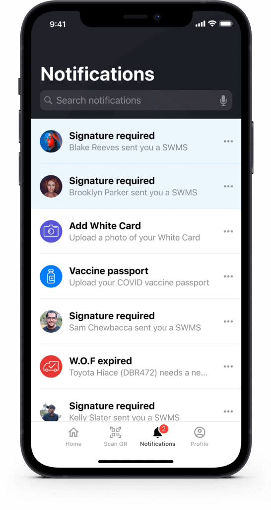 Notification centre listing recent HazardCo alerts