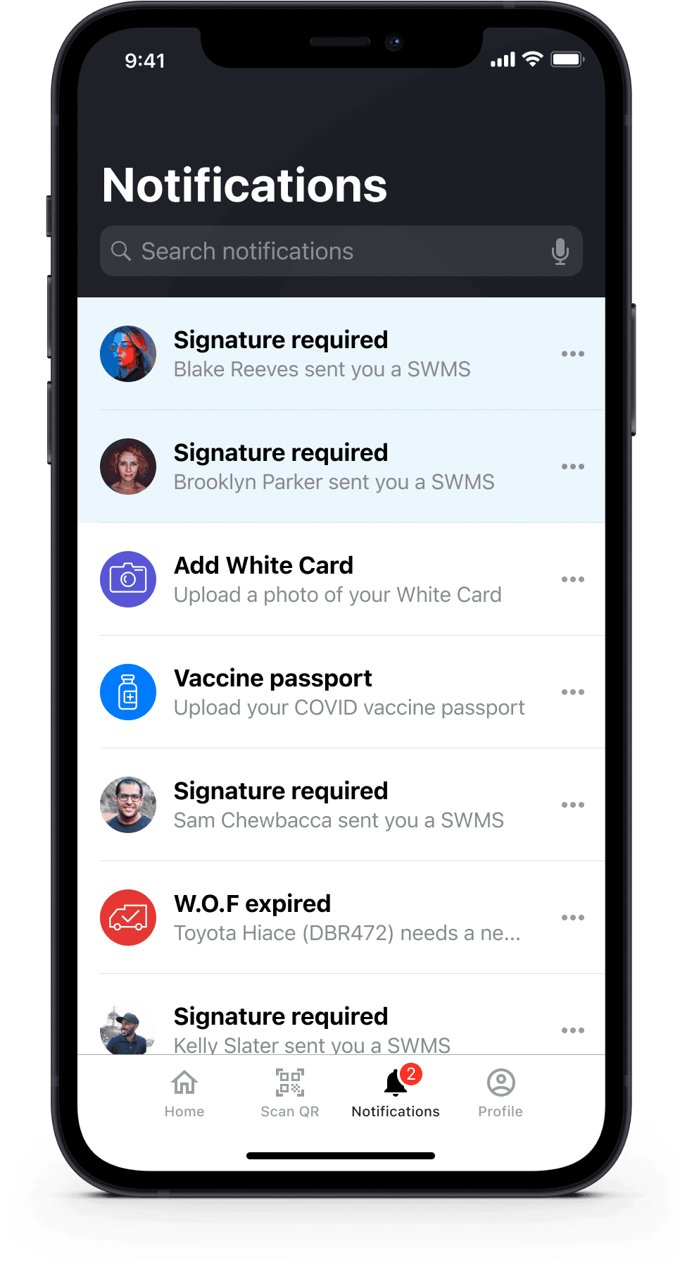 Mobile view showing pending app notifications for SWMS signatures, compliance documents, and vehicle alerts.