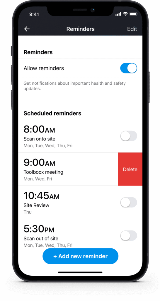 Reminder notification for an upcoming health and safety task