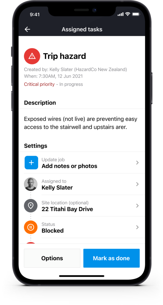 Task detail screen showing status, priority, and comments