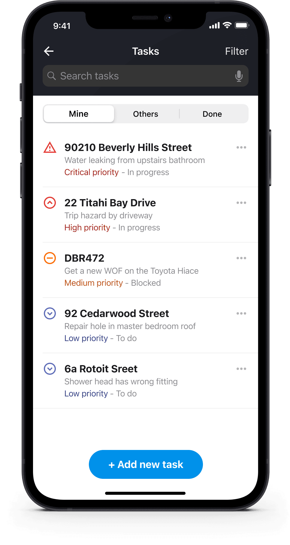 HazardCo worksite health and safety app tasks list categorised by priority and site address under user view.