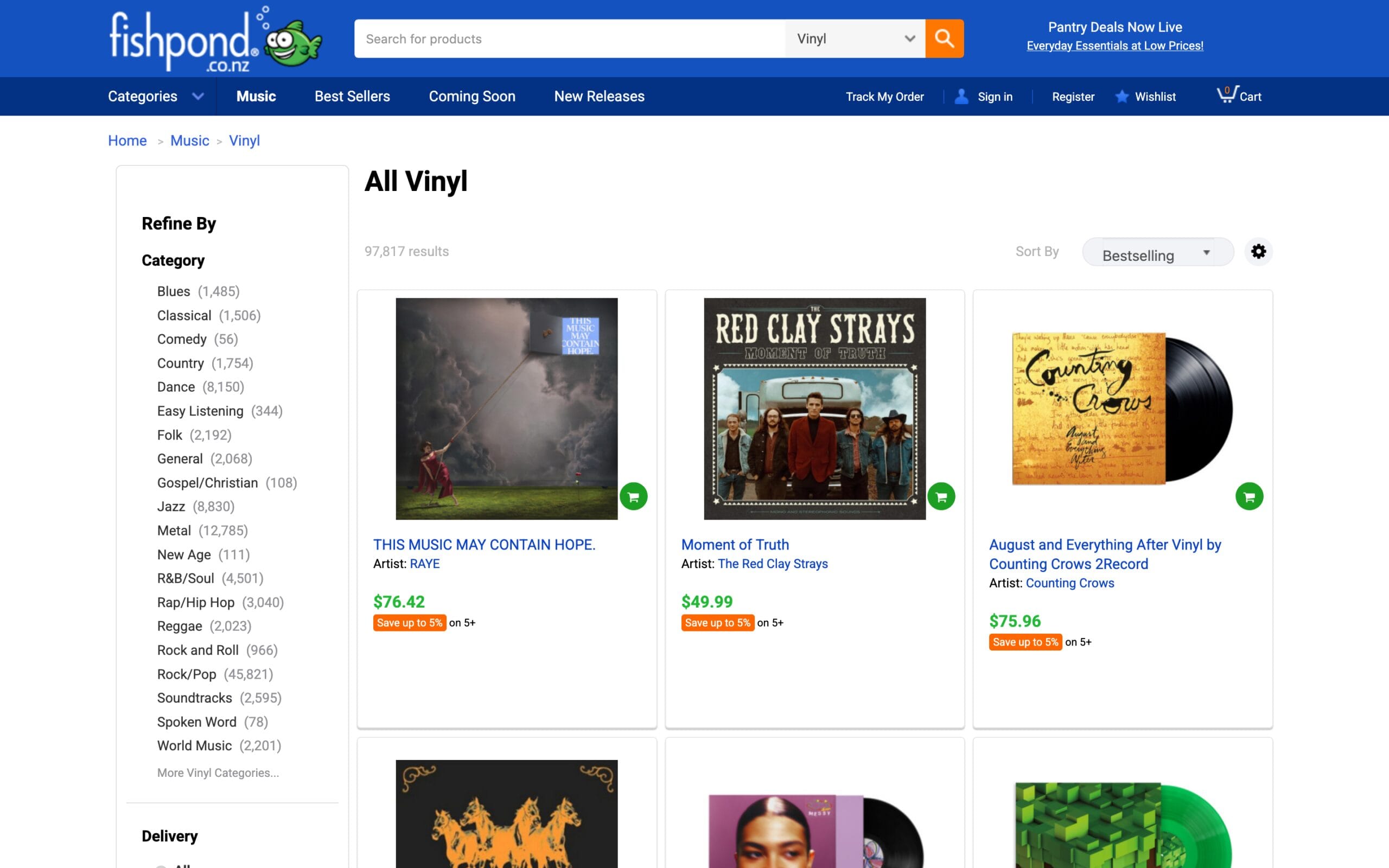 Website interface of Fishpond NZ displaying a grid of vinyl album listings with pricing in New Zealand Dollars alongside a left-hand category filter menu, helping users browse and purchase music online.