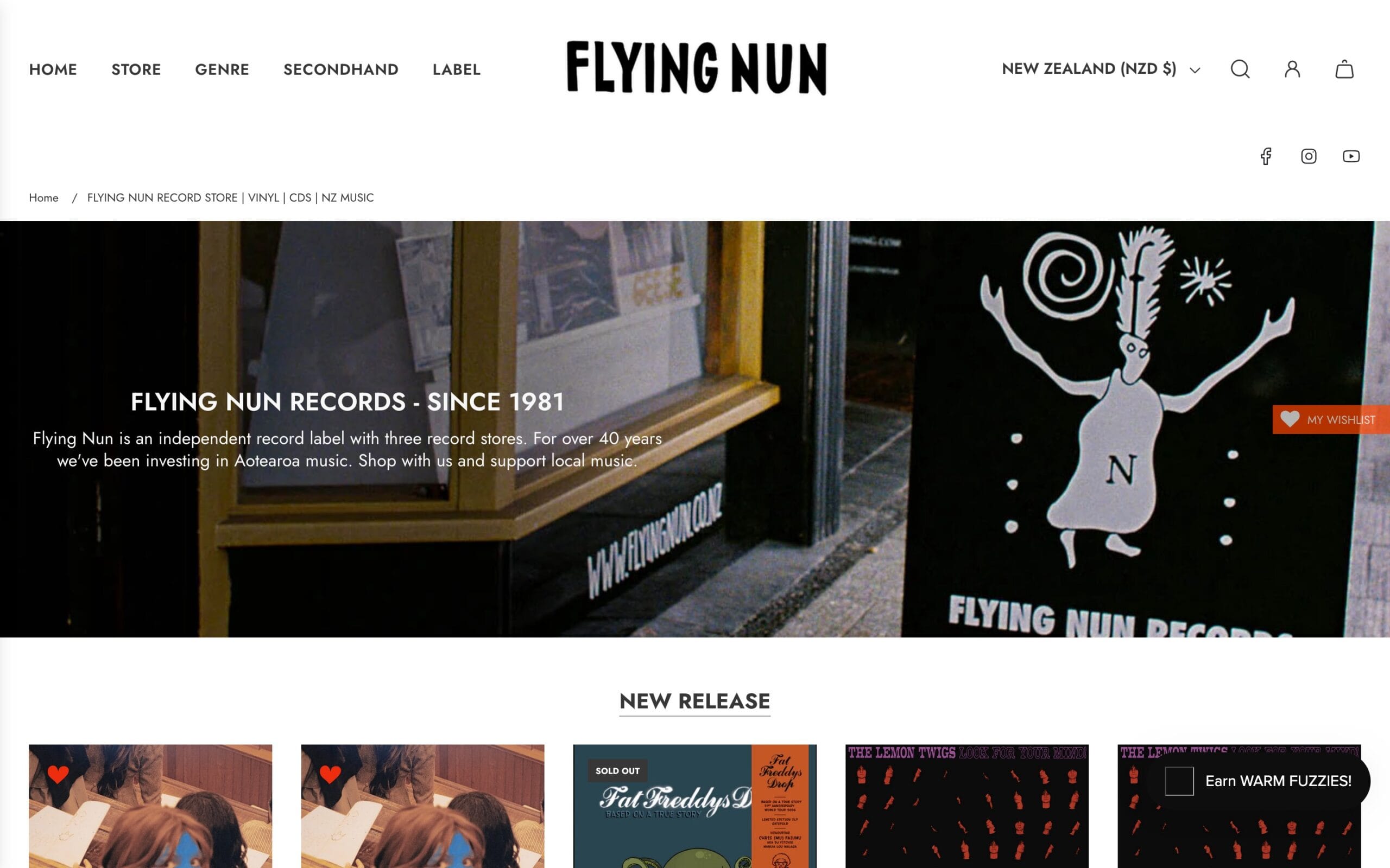Flying Nun storefront banner for Flying Nun Records showcasing New Zealand music releases and shop navigation, assisting music fans in finding local indie vinyl pressings.