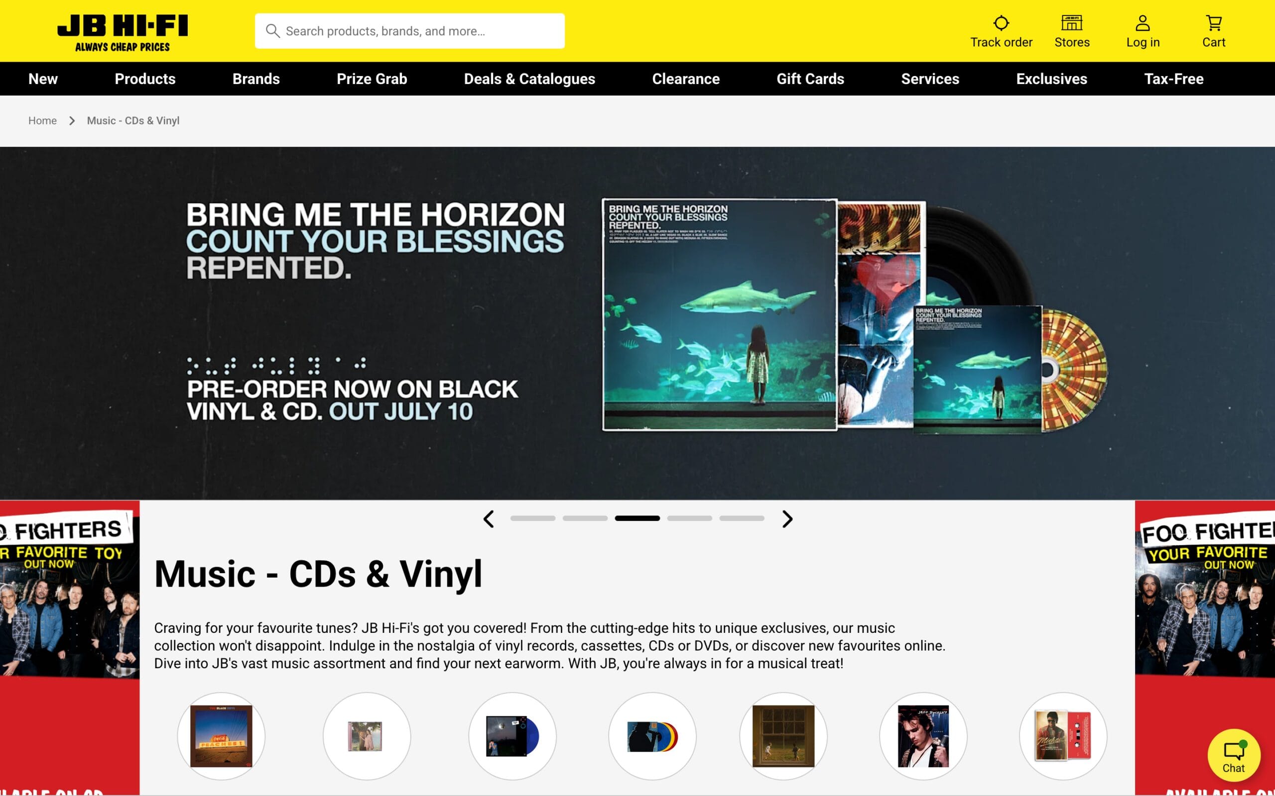 Web page layout for JB Hi-Fi's music section showcasing featured album pre-orders, clear category navigation, and top banner promotions to direct users toward new vinyl releases.