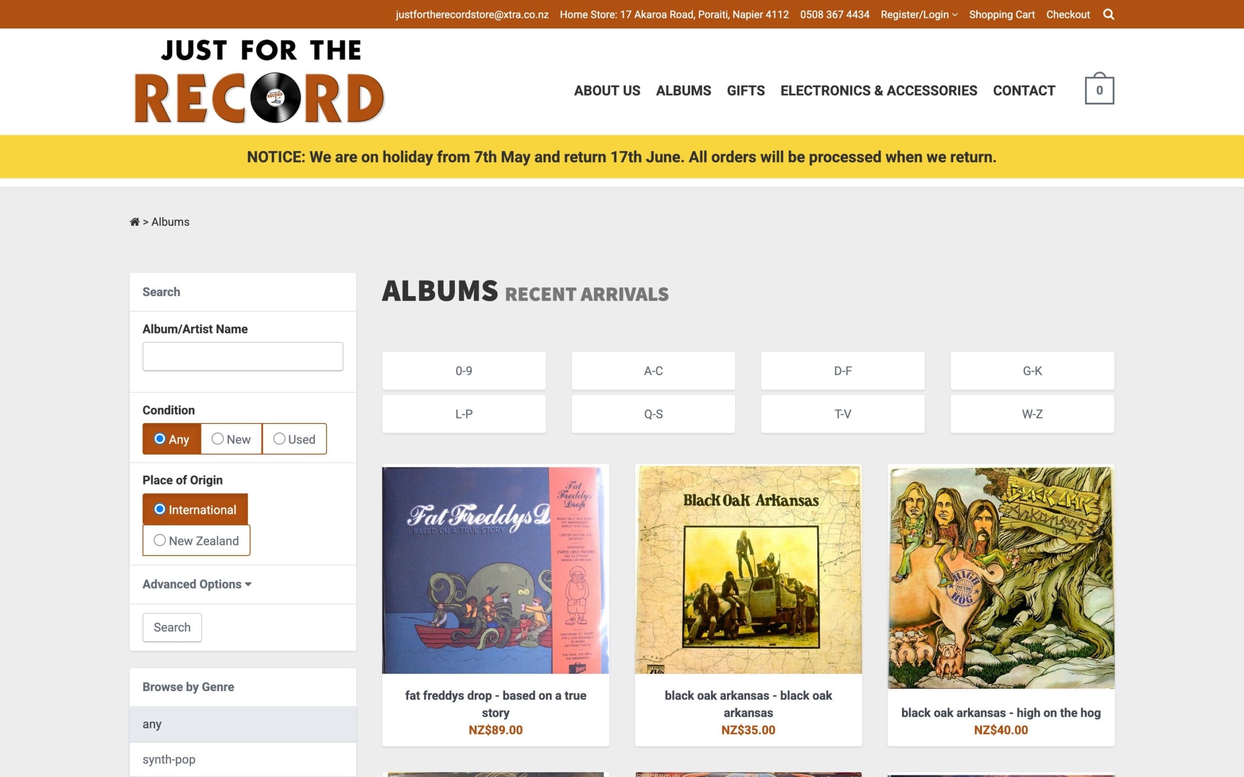 Online shop page for Just for the Record with alphabetical category buttons and recent album additions, allowing collectors to filter new and used vinyl.