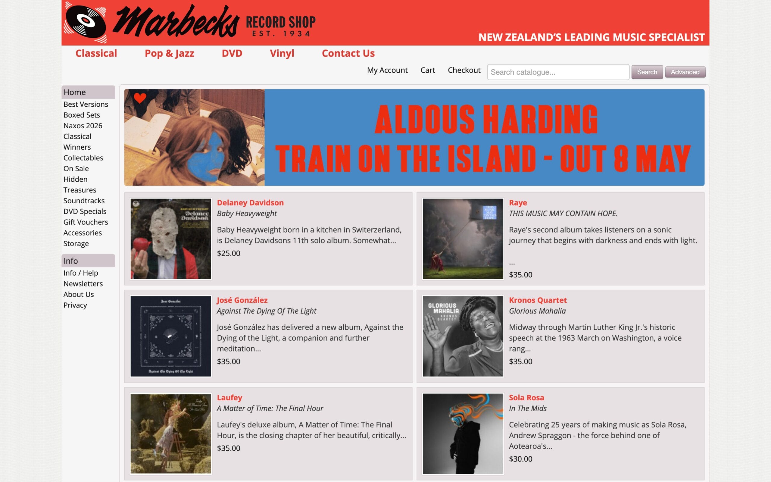Web interface for Marbecks Record Shop displaying a grid of featured local new releases alongside price tags and album descriptions to assist users in discovering New Zealand music.