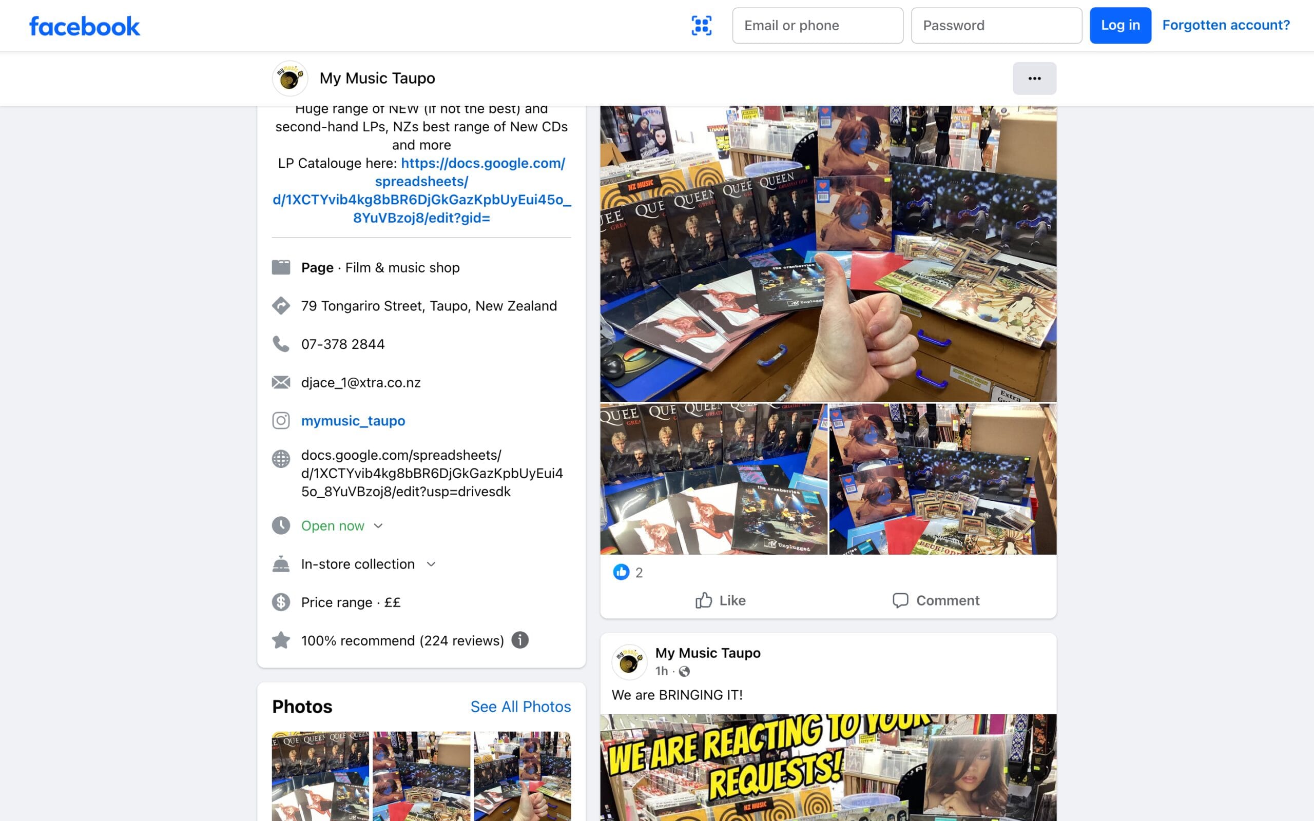 Social media business page layout for My Music Taupo featuring shop contact details, opening hours, and photos of physical LP stock to connect local vinyl collectors.