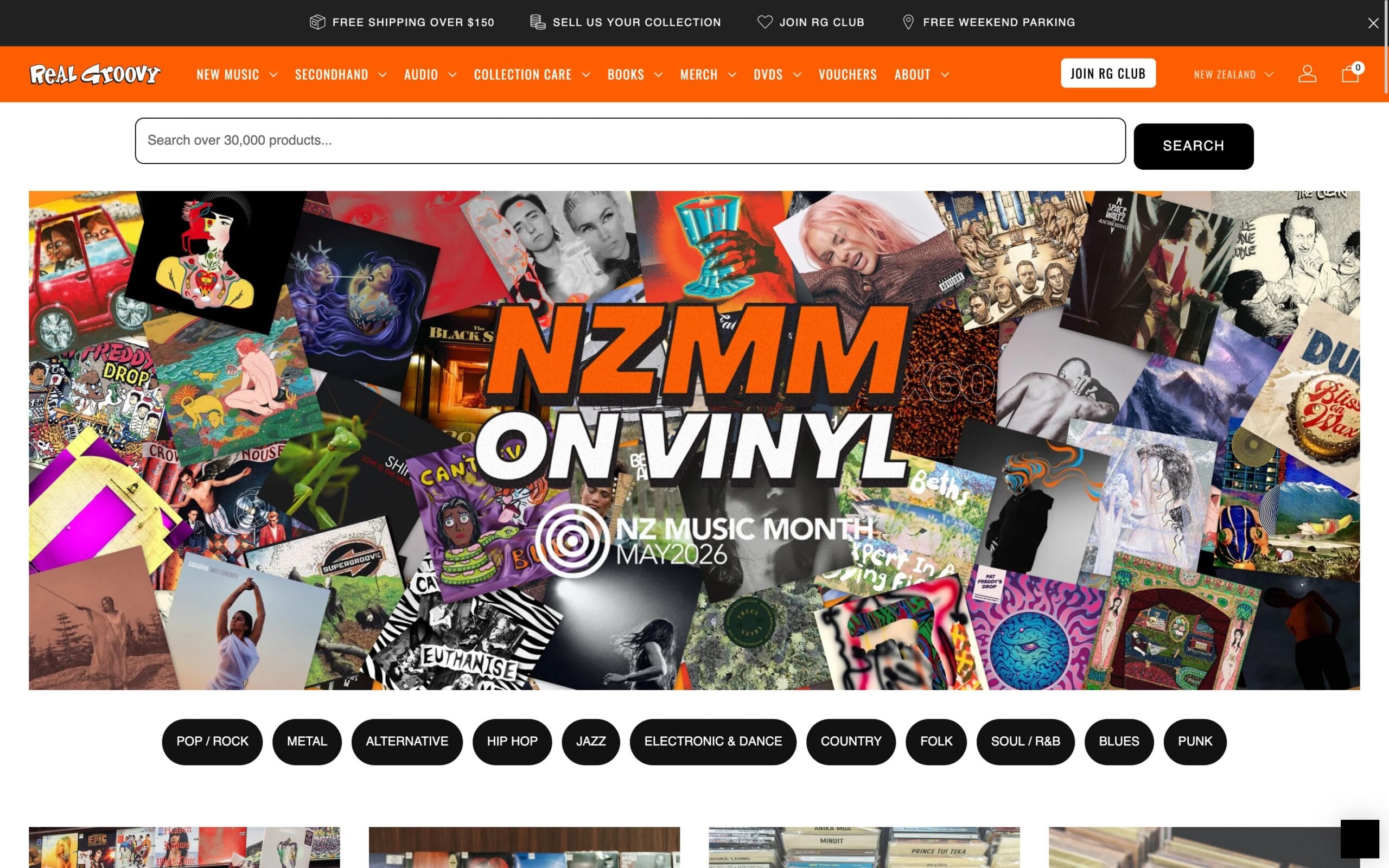 Banner on the Real Groovy website celebrating NZ Music Month with a collage of album covers and genre tags, encouraging users to explore local vinyl releases.