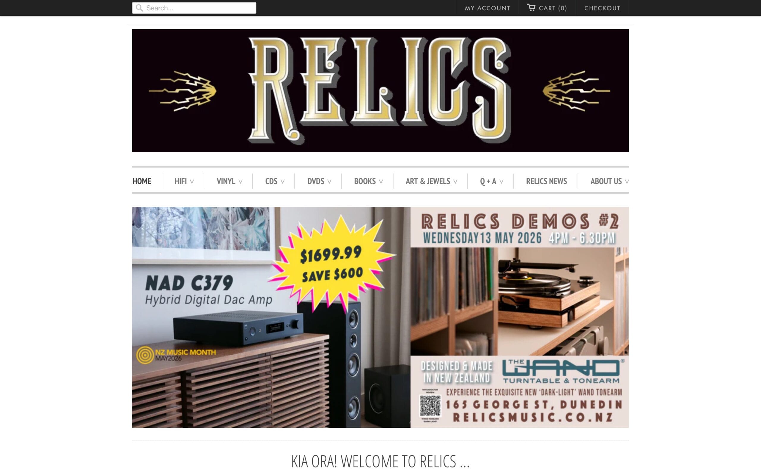 Homepage header for Relics Music featuring promotional banners for Hi-Fi audio equipment and turntables, guiding audiophiles toward high-end playback gear.