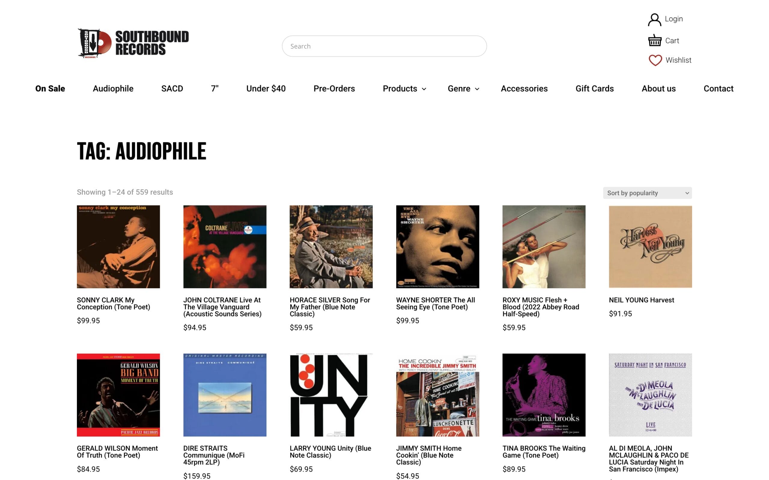 Product listing layout on Southbound Records filtered by audiophile releases with price points, enabling enthusiasts to discover high-fidelity pressings.