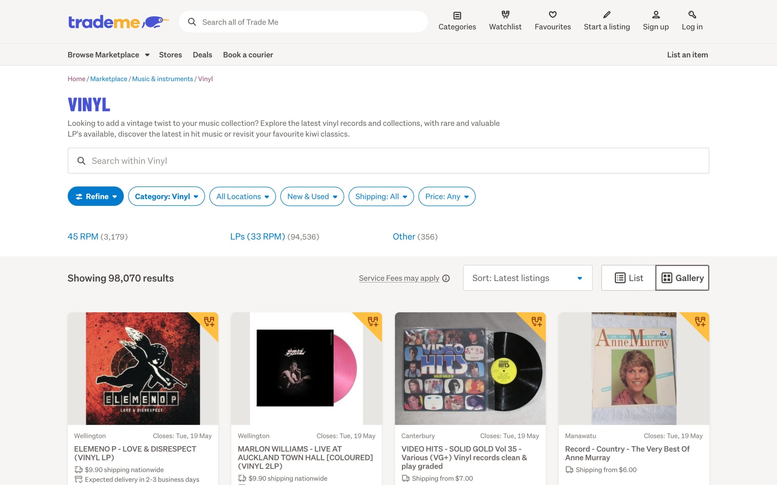 Search results page on Trade Me Marketplace listing pre-owned and new vinyl records with local seller details, enabling collectors to trade vinyl across New Zealand.