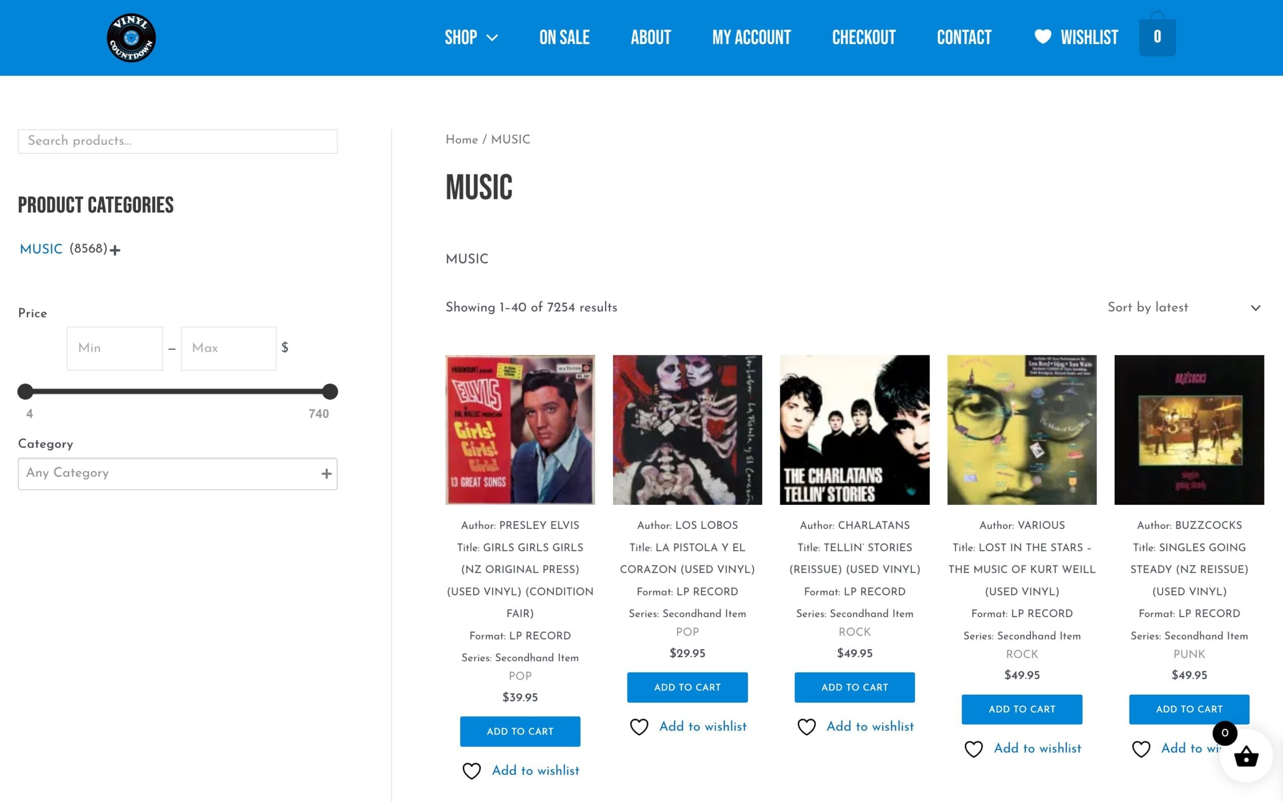 E-commerce shop display for Vinyl Countdown showing secondhand vinyl albums with price sliders and wishlist options, supporting music discovery for collectors.