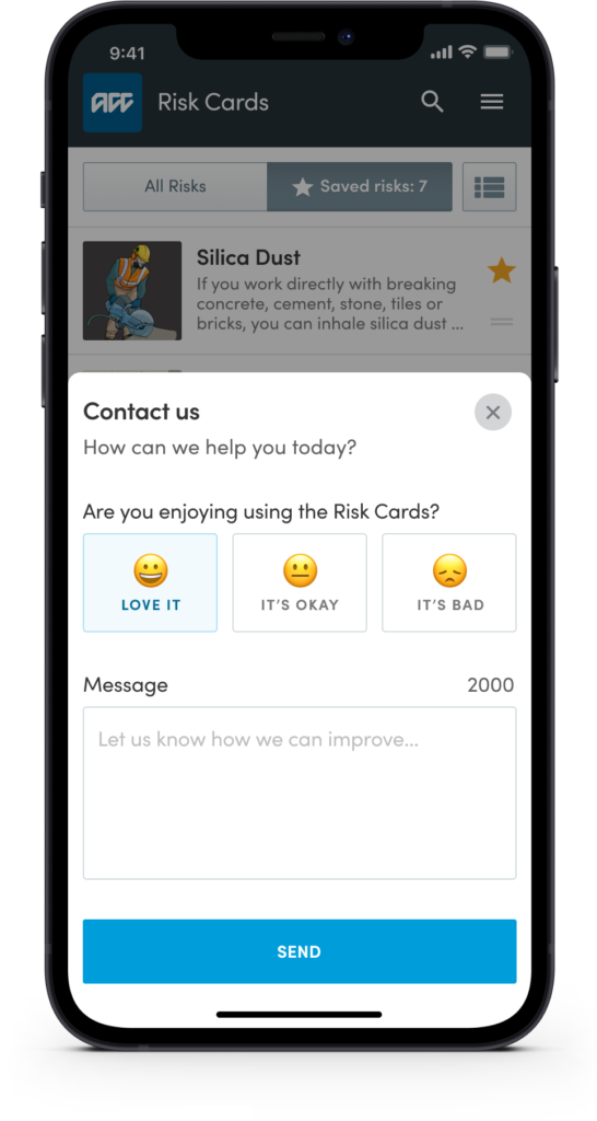 ACC health and safety app emoji-based feedback request screen
