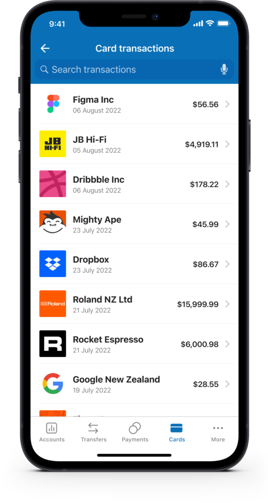 Mobile app screen displaying a search bar and a detailed list of card transactions with merchant brand logos, dates, and amounts.