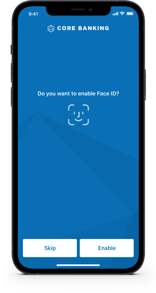 Mobile UI mockup showing the Face ID setup prompt screen for the core banking app with Skip and Enable options.