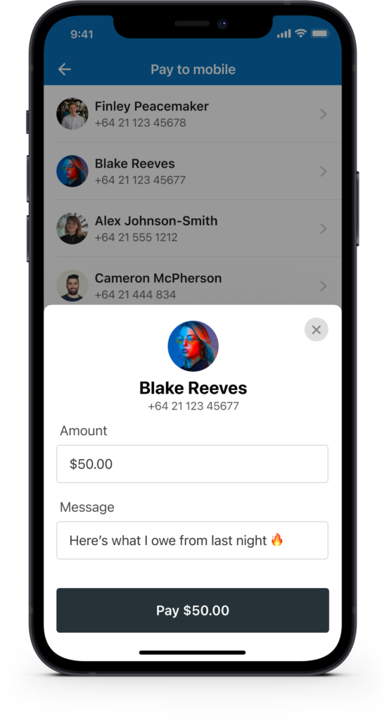 Mobile UI screen showing the Pay to Mobile feature with a popup modal to enter an amount and message for a selected contact.