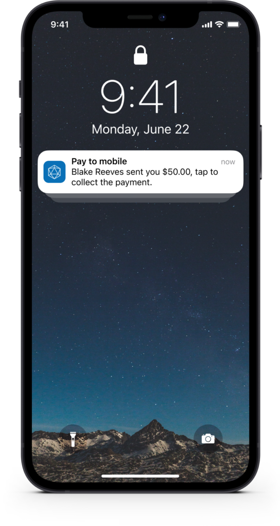 Smartphone lock screen displaying a push notification for an incoming Pay to Mobile payment prompt.