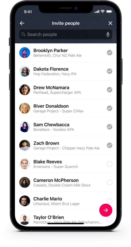 Invite friends screen for a Wellington craft beer bar tour event