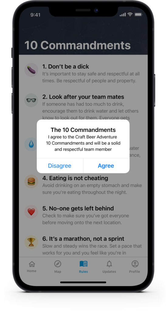 Confirmation dialog for accepting the event ground rules