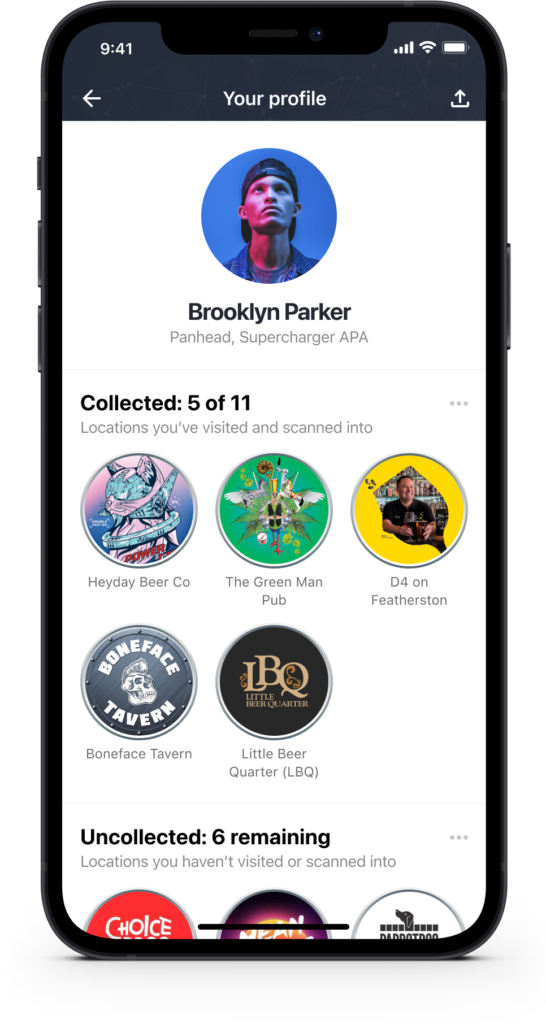 Profile screen showing collected venue check-in badges