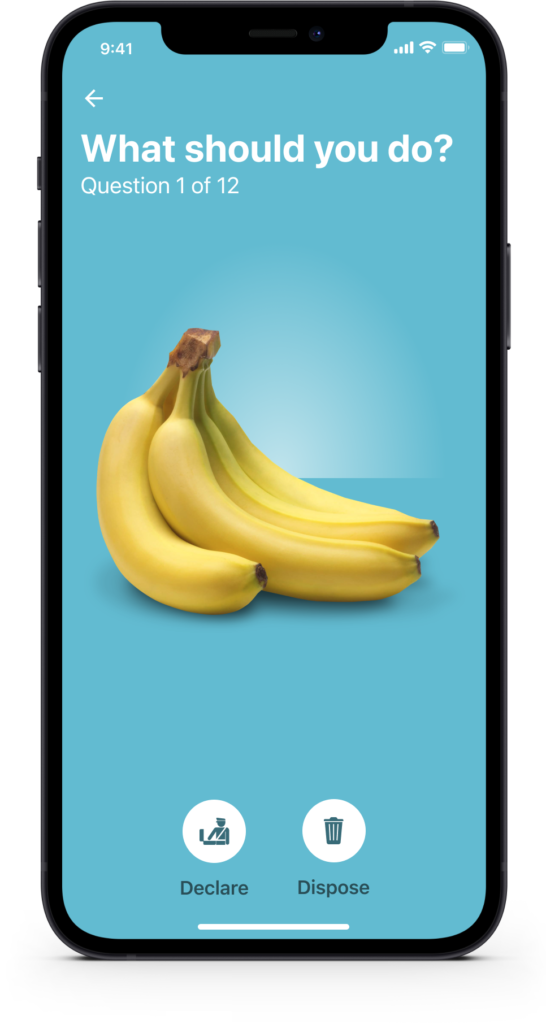 FAQ accordion screen for a biosecurity customs app, banana example
