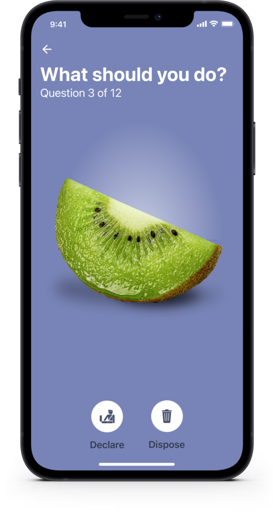 FAQ accordion screen for a biosecurity customs app, kiwifruit example