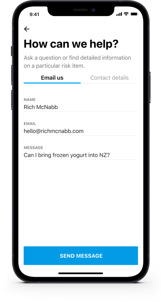 MPI Coming to New Zealand app screen for emailing a question to MPI