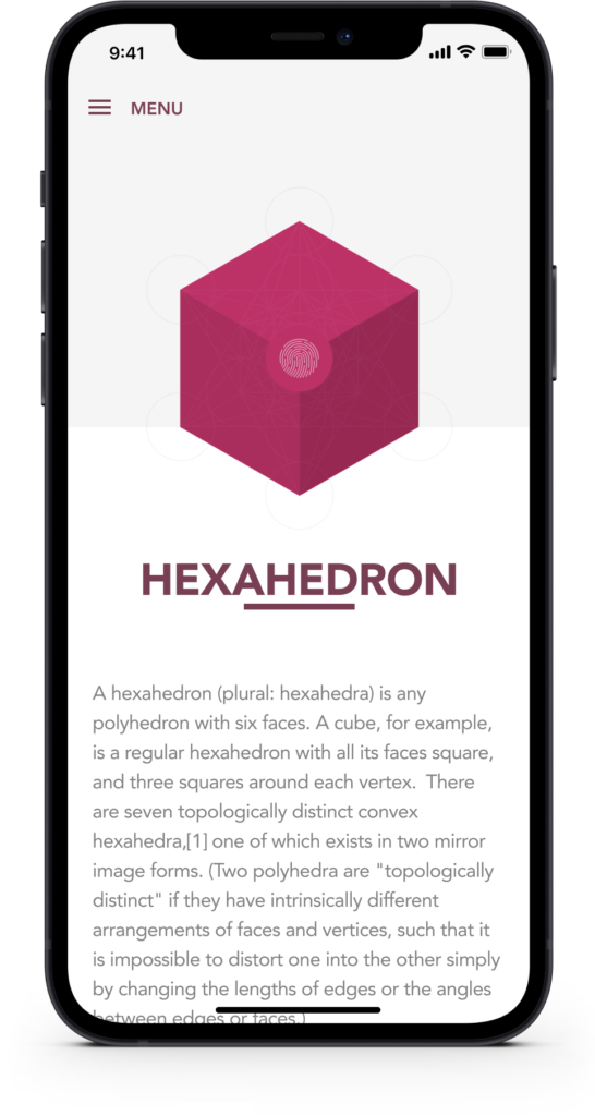 iPhone mockup screen featuring a magenta hexahedron cube with geometric property description.