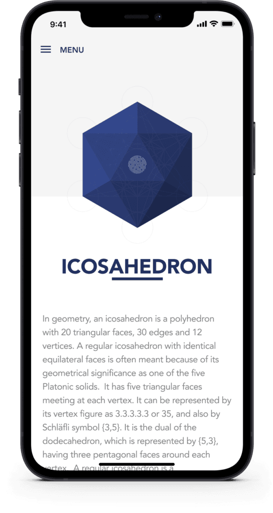 Mobile view showing an interactive blue icosahedron shape graphic above geometry explanation text.