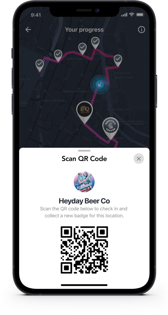QR code check-in screen for scanning into a venue