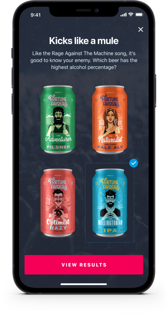 Craft beer trivia quiz screen shown during the event
