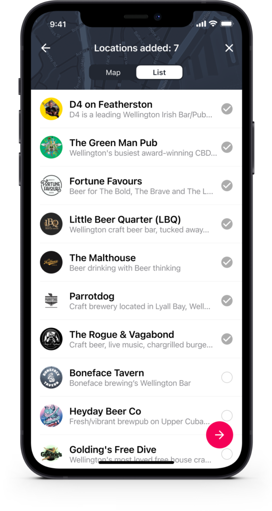 Venue selection screen shown as a scrollable list